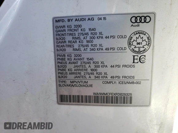 2015 Audi Q7 3.0L TDI Vorsprung Edition with VIN WA1WMCFEXFD025325, listed as a Copart auction lot 70868943 with 139,849 mi miles. Bid and sale history available at carsss.com. Image 13.