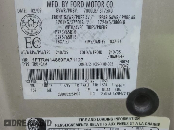 2009 Ford F-150 XL with VIN 1FTRW14869FA71127, listed as a Copart auction lot 81552544 with Not provided miles and Salvage title. Bid and sale history available at DreamBid. Image 12.
