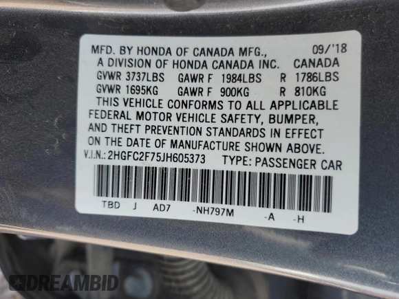 2018 Honda Civic Sedan EX with VIN 2HGFC2F75JH605373, listed as a Copart auction lot 51681105 with 57,388 mi miles and Salvage Title. Bid and sale history available at carsss.com. Image 15.
