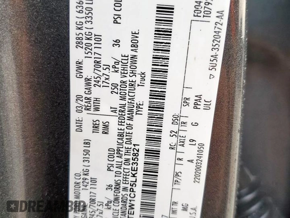 2020 Ford F-150 XL with VIN 1FTEW1CP5LKE35821, listed as a Copart auction lot 58717205 with 69,973 mi miles and Salvage title. Bid and sale history available at DreamBid. Image 12.