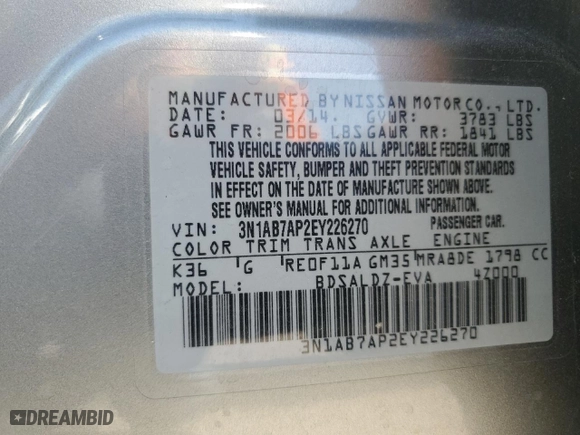 2014 Nissan Sentra SV with VIN 3N1AB7AP2EY226270, listed as a Copart auction lot 67609454 with 107,873 mi miles and Salvage Title. Bid and sale history available at carsss.com. Image 12.