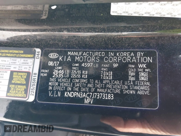 2018 Kia Sportage EX with VIN KNDPN3AC7J7373183, listed as a IAAI auction lot 41169417 with 174,423 mi miles and . Bid and sale history available at DreamBid. Image 9.