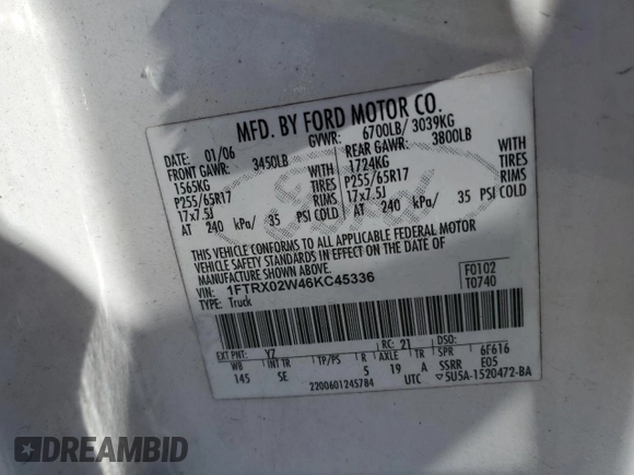 2006 Ford F-150 STX with VIN 1FTRX02W46KC45336, listed as a Copart auction lot 46546915 with 167,228 mi miles and Salvage title. Bid and sale history available at DreamBid. Image 12.