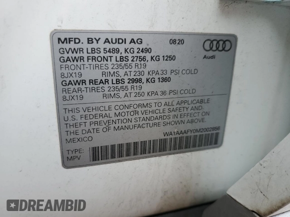 2021 Audi Q5 Premium with VIN WA1AAAFY0M2002856, listed as a Copart auction lot 45542955 with 40,558 mi miles and Salvage Title. Bid and sale history available at carsss.com. Image 14.