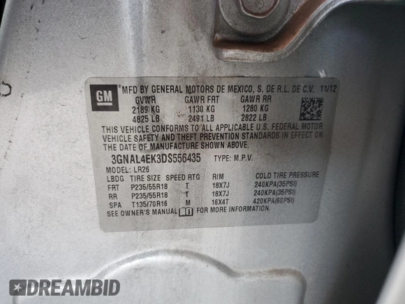 2013 Chevrolet Captiva Sport LTZ with VIN 3GNAL4EK3DS556435, listed as a Copart auction lot 84206114 with 168,594 mi miles and Non Repairable. Bid and sale history available at DreamBid. Image 13.
