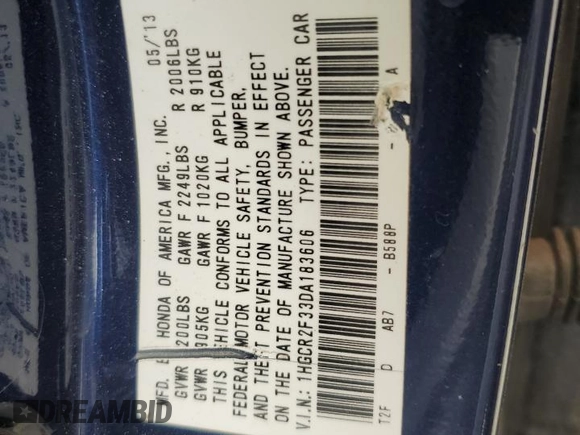 2013 Honda Accord LX z VIN 1HGCR2F33DA183606, wystawiony jako Copart lot #50938905 z przebiegiem 314 379 mil mil oraz Szkoda całkowita • Salvage title. Historia ofert i sprzedaży dostępna na DreamBid. Obrazek 14.