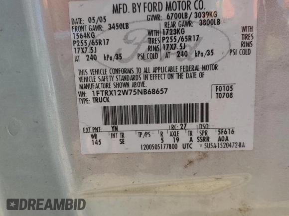 2005 Ford F-150 STX with VIN 1FTRX12W75NB68657, listed as a Copart auction lot 47725095 with 201,357 mi miles and Salvage title. Bid and sale history available at DreamBid. Image 12.