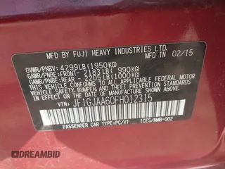 2015 Subaru Impreza with VIN JF1GJAA60FH012315, listed as a IAAI auction lot 42363965 with 131,539 mi miles and . Bid and sale history available at DreamBid. Image 9.