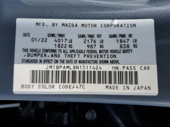 2022 Mazda 3 Premium with VIN JM1BPAML8N1511424, listed as a Copart auction lot 57108135 with 52,791 mi miles and Salvage title. Bid and sale history available at DreamBid. Image 12.