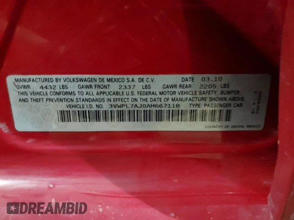 2010 Volkswagen Jetta TDI z VIN 3VWPL7AJ0AM667118, wystawiony jako Copart lot #51521765 z przebiegiem 106 018 mil mil oraz Tytuł czysty. Historia ofert i sprzedaży dostępna na DreamBid. Obrazek 12.