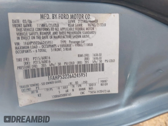 2006 Ford Taurus SE with VIN 1FAHP53226A245951, listed as a IAAI auction lot 42389703 with Not provided miles and . Bid and sale history available at DreamBid. Image 9.