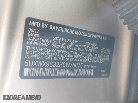 2017 BMW X3 xDrive28i with VIN 5UXWX9C32H0W75875, listed as a IAAI auction lot 41807722 with Not Provided miles and . Bid and sale history available at DreamBid. Image 9.