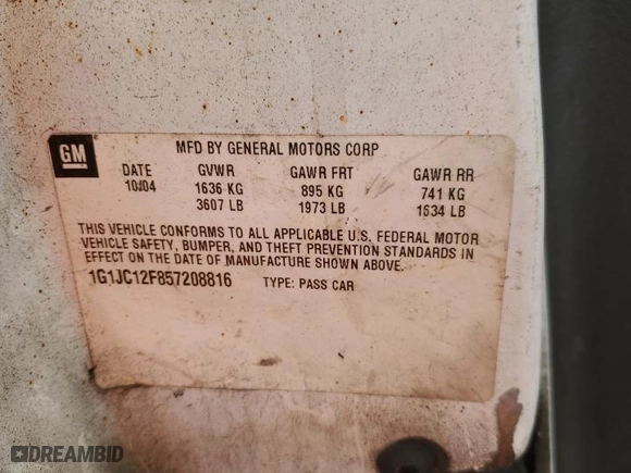 2005 Chevrolet Cavalier with VIN 1G1JC12F857208816, listed as a Copart auction lot 77739934 with 0 mi miles and Salvage Title. Bid and sale history available at carsss.com. Image 13.