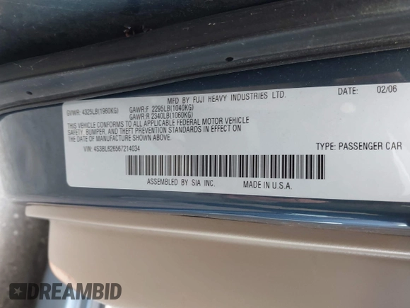 2006 Subaru Legacy Special with VIN 4S3BL626567214034, listed as a IAAI auction lot 42181834 with 119,184 mi miles and . Bid and sale history available at DreamBid. Image 9.