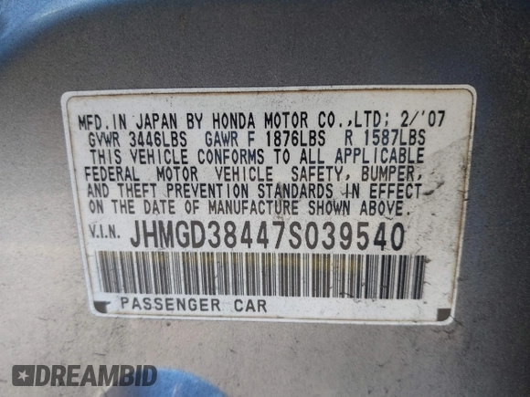 2007 Honda Fit with VIN JHMGD38447S039540, listed as a IAAI auction lot 40985790 with 227,295 mi miles. Bid and sale history available at carsss.com. Image 9.