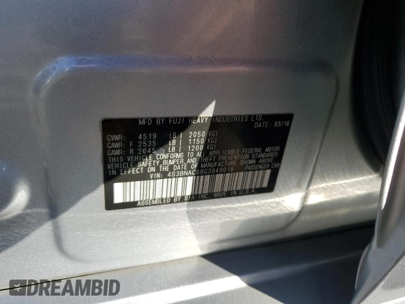 2016 Subaru Legacy Premium with VIN 4S3BNAC68G3049018, listed as a Copart auction lot 83490834 with 159,429 mi miles and Salvage title. Bid and sale history available at DreamBid. Image 12.