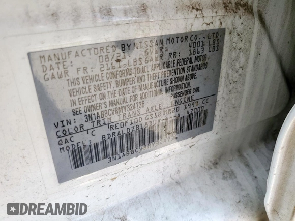 2021 Nissan Sentra SV with VIN 3N1AB8CV8MY324736, listed as a Copart auction lot 59736685 with 139,372 mi miles and Salvage title. Bid and sale history available at DreamBid. Image 12.