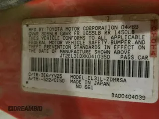 1989 Toyota Tercel z VIN JT2EL31DXK0410350, wystawiony jako Copart lot #79207084 z przebiegiem 189 827 mil mil oraz Szkoda całkowita • Salvage title. Historia ofert i sprzedaży dostępna na DreamBid. Obrazek 12.