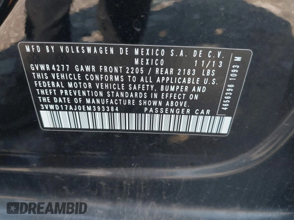 2014 Volkswagen Jetta SE with VIN 3VWD17AJ0EM393384, listed as a IAAI auction lot 42661590 with 118,385 mi miles and . Bid and sale history available at DreamBid. Image 9.