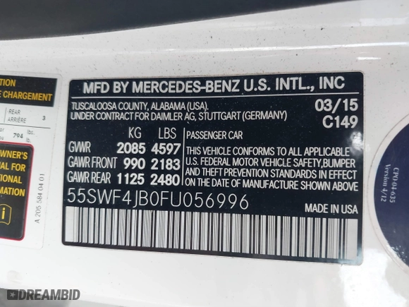 2015 Mercedes-Benz C-Class C 300 with VIN 55SWF4JB0FU056996, listed as a IAAI auction lot 41162582 with 149,333 mi miles. Bid and sale history available at carsss.com. Image 9.