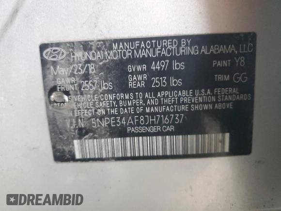 2018 Hyundai Sonata SEL with VIN 5NPE34AF8JH716737, listed as a Copart auction lot 52597155 with 157,574 mi miles and Clean Title. Bid and sale history available at DreamBid. Image 12.