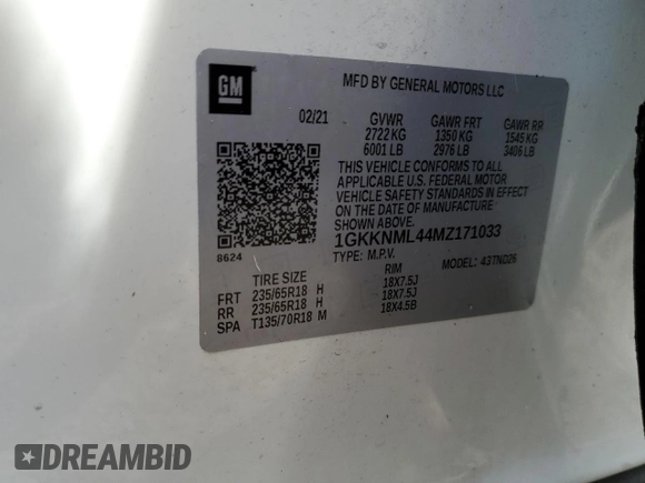 2021 GMC Acadia SLT with VIN 1GKKNML44MZ171033, listed as a Copart auction lot 74453874 with 54,247 mi miles and Non Repairable. Bid and sale history available at DreamBid. Image 14.