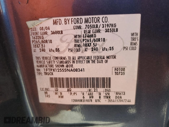 2005 Ford F-150 XLT with VIN 1FTPX12555NA08341, listed as a Copart auction lot 55214075 with 182,059 mi miles and Salvage title. Bid and sale history available at DreamBid. Image 12.