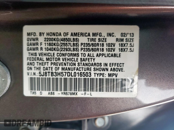 2013 Acura RDX Technology with VIN 5J8TB3H57DL016503, listed as a Copart auction lot 53882675 with 198,949 mi miles and Salvage title. Bid and sale history available at DreamBid. Image 12.