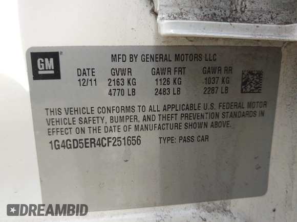2012 Buick LaCrosse Premium 1 with VIN 1G4GD5ER4CF251656, listed as a IAAI auction lot 41770916 with Not provided miles and . Bid and sale history available at DreamBid. Image 9.