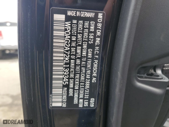 2019 Porsche Panamera GTS with VIN WP0AG2A72KL139345, listed as a Copart auction lot 41057544 with 26,826 mi miles. Bid and sale history available at carsss.com. Image 12.