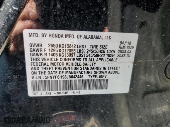 2018 Honda Pilot Touring with VIN 5FNYF6H93JB042446, listed as a Copart auction lot 52249195 with 111,044 mi miles and Salvage title. Bid and sale history available at DreamBid. Image 14.