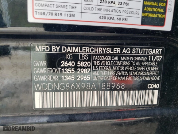 2008 Mercedes-Benz S-Class 5.5L V8 with VIN WDDNG86X98A188968, listed as a Copart auction lot 54815655 with 187,815 mi miles and Clean Title. Bid and sale history available at carsss.com. Image 12.