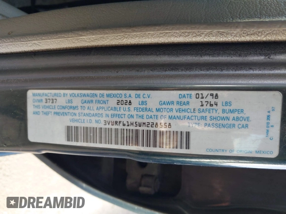 1998 Volkswagen Jetta z VIN 3VWRF61H5WM228558, wystawiony jako IAAI lot #41614111 z przebiegiem 198 205 mil mil oraz . Historia ofert i sprzedaży dostępna na DreamBid. Obrazek 9.