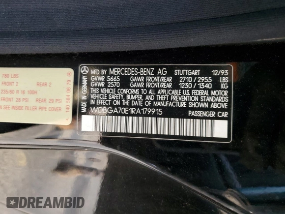 1994 Mercedes-Benz S with VIN WDBGA70E1RA179915, listed as a Copart auction lot 81132724 with 88,995 mi miles and Salvage Title. Bid and sale history available at DreamBid. Image 12.