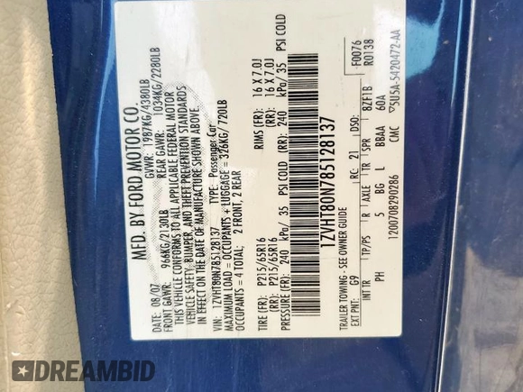 2008 Ford Mustang Deluxe with VIN 1ZVHT80N785128137, listed as a Copart auction lot 60231225 with 174,214 mi miles and Salvage title. Bid and sale history available at DreamBid. Image 12.