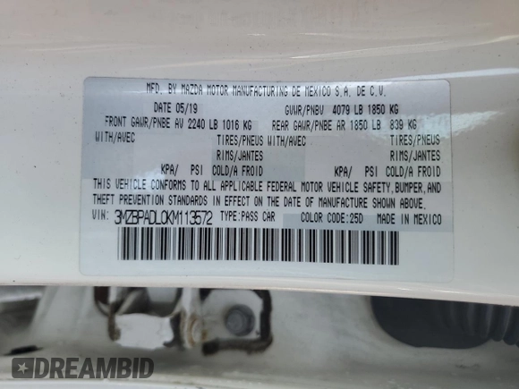 2019 Mazda 3 Preferred with VIN 3MZBPADL0KM113572, listed as a Copart auction lot 75737004 with 56,543 mi miles and Salvage Title. Bid and sale history available at DreamBid. Image 12.