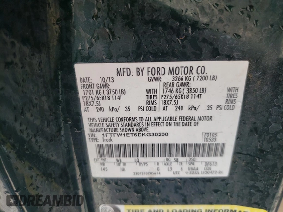 2013 Ford F-150 XL with VIN 1FTFW1ET6DKG30200, listed as a Copart auction lot 52416615 with 236,974 mi miles and Salvage Title. Bid and sale history available at carsss.com. Image 14.