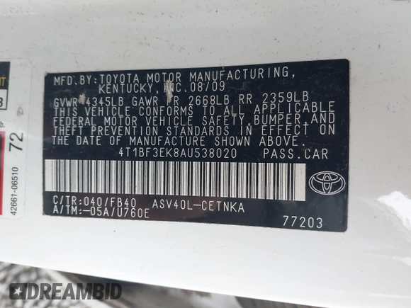 2010 Toyota Camry with VIN 4T1BF3EK8AU538020, listed as a IAAI auction lot 41342856 with 209,769 mi miles and . Bid and sale history available at DreamBid. Image 9.