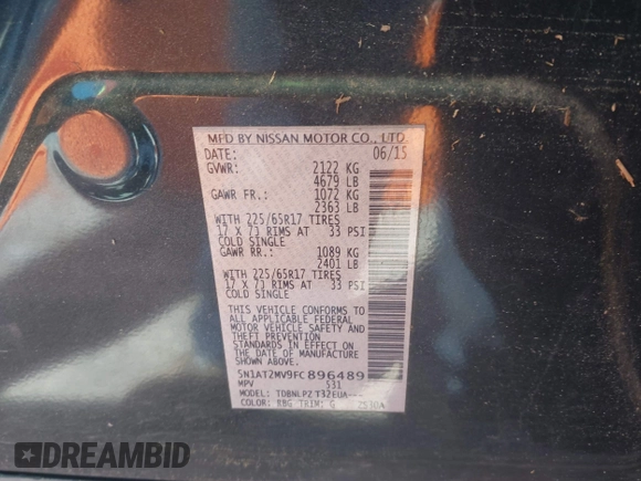2015 Nissan Rogue SL with VIN 5N1AT2MV9FC896489, listed as a IAAI auction lot 41971675 with Not Provided miles. Bid and sale history available at carsss.com. Image 9.