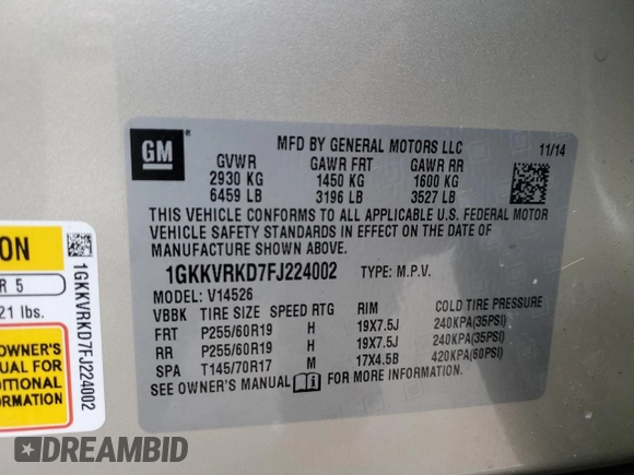 2015 GMC Acadia SLT with VIN 1GKKVRKD7FJ224002, listed as a Copart auction lot 45851335 with 34,509 mi miles and Salvage Title. Bid and sale history available at carsss.com. Image 13.