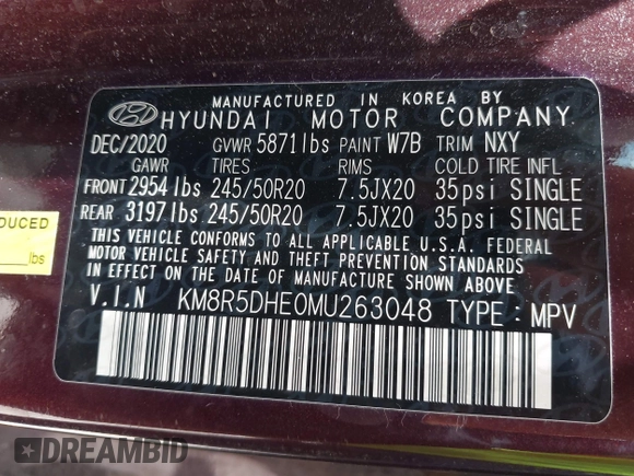 2021 Hyundai Palisade Limited with VIN KM8R5DHE0MU263048, listed as a IAAI auction lot 42365566 with 90,102 mi miles and . Bid and sale history available at DreamBid. Image 9.