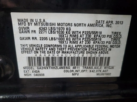 2013 Mitsubishi Outlander Sport SE with VIN 4A4AR4AUXDE019501, listed as a Copart auction lot 84704834 with 217,765 mi miles and Non Repairable. Bid and sale history available at carsss.com. Image 13.