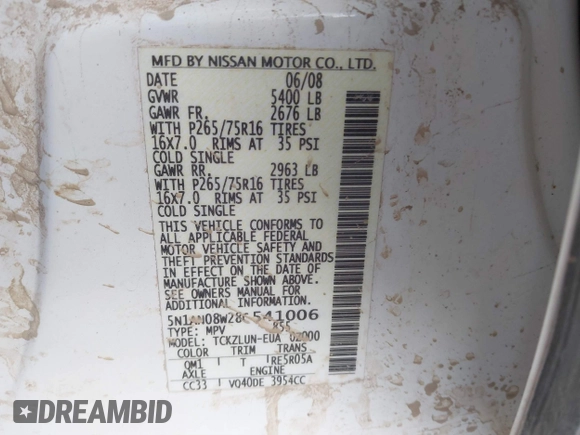 2008 Nissan Xterra S with VIN 5N1AN08W28C541006, listed as a IAAI auction lot 40581002 with 141,776 mi miles and . Bid and sale history available at DreamBid. Image 9.