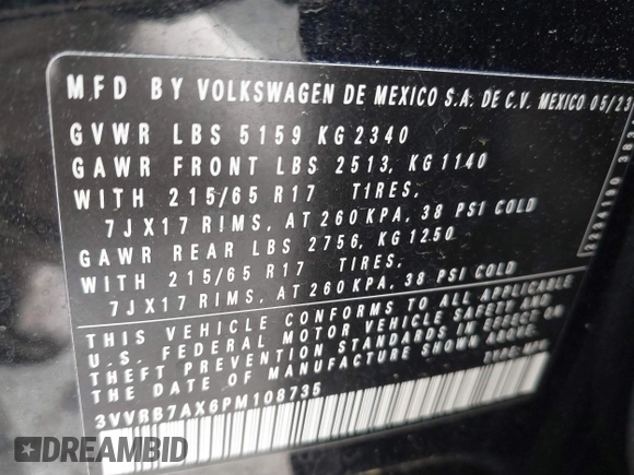 2023 Volkswagen Tiguan S with VIN 3VVRB7AX6PM108735, listed as a IAAI auction lot 42108217 with 13,279 mi miles and . Bid and sale history available at DreamBid. Image 9.