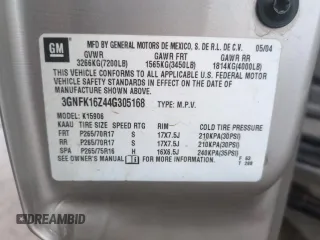 2004 Chevrolet Suburban Z71 z VIN 3GNFK16Z44G305168, wystawiony jako Copart lot #53900955 z przebiegiem 186 770 mil mil oraz Szkoda całkowita • Salvage title. Historia ofert i sprzedaży dostępna na DreamBid. Obrazek 13.