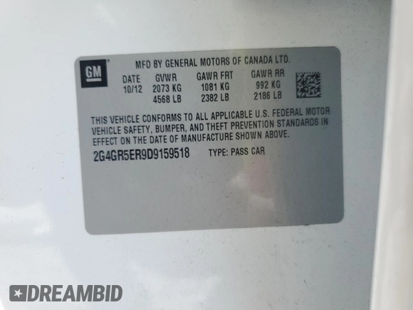 2013 Buick Regal with VIN 2G4GR5ER9D9159518, listed as a Copart auction lot 49006105 with 49,259 mi miles and Non Repairable. Bid and sale history available at carsss.com. Image 12.