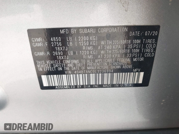 2020 Subaru Outback Limited with VIN 4S4BTANC0L3236994, listed as a IAAI auction lot 42559468 with 80,167 mi miles and . Bid and sale history available at DreamBid. Image 9.
