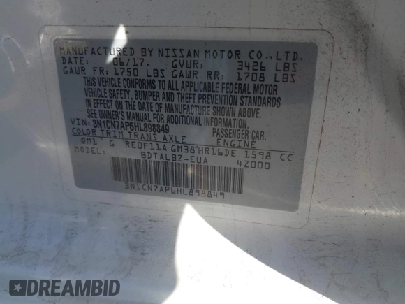 2017 Nissan Versa S Plus z VIN 3N1CN7AP6HL898849, wystawiony jako IAAI lot #41501925 z przebiegiem 132 440 mil mil oraz . Historia ofert i sprzedaży dostępna na DreamBid. Obrazek 9.