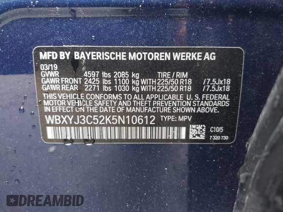 2019 BMW X2 sDrive28i with VIN WBXYJ3C52K5N10612, listed as a IAAI auction lot 41937104 with 107,283 mi miles. Bid and sale history available at carsss.com. Image 9.