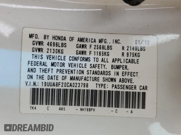 2012 Acura TL Auto z VIN 19UUA8F20CA023798, wystawiony jako Copart lot #54969465 z przebiegiem 73 309 mil mil oraz Szkoda całkowita • Salvage title. Historia ofert i sprzedaży dostępna na DreamBid. Obrazek 12.